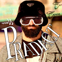 Pradact cover art featuring Nevv Evve in a cinematic luxury fashion portrait with oversized white Loewe sunglasses, Prada bucket hat, Yves Saint Laurent jacket, experimental typography, and warm editorial alternative pop aesthetics.