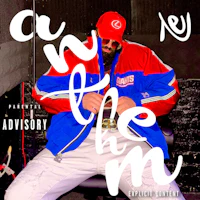 Anthem cover art featuring Nevv Evve in bold red and blue streetwear with oversized Starter jacket styling, luxury Balenciaga belt, experimental typography, and high-energy alternative pop visuals.